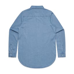 A blue denim button-up shirt with long sleeves and a rounded hemline, featuring a collar and buttoned cuffs.