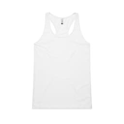 A white racerback singlet featuring a logo. The fabric is smooth and lightweight.