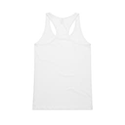A white racerback singlet with a smooth fabric texture and a subtle branding logo.