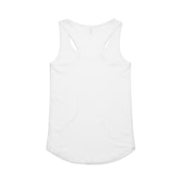 A white racerback singlet featuring a rounded hem and a logo on the back.