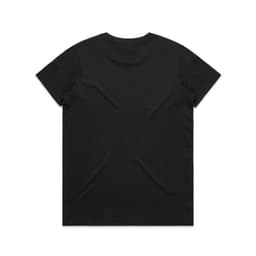 A black t-shirt with a crew neckline and short sleeves, featuring a logo on the back.