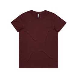A maroon basic t-shirt with a crew neckline and short sleeves. It includes a label but no visible logos.
