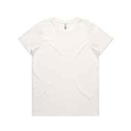 A plain white t-shirt, featuring a crew neck and short sleeves, with a logo on the inside label.