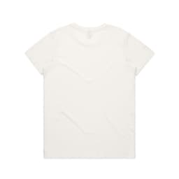 A plain white T-shirt featuring a round neck and short sleeves, with a logo on the back.