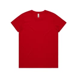 A red T-shirt with a simple design, featuring a logo on the label.