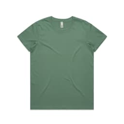 A green basic tee with a round neckline and short sleeves, featuring a brand logo.