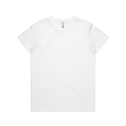 A plain white t-shirt with a crew neckline and short sleeves, featuring a small logo on the label.