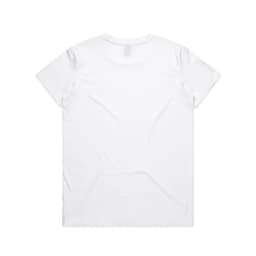 A plain white t-shirt with a standard round neck and short sleeves. It features a logo on the back.