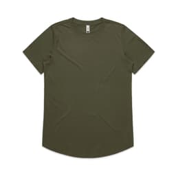 An olive green T-shirt with a rounded neckline and short sleeves, featuring a logo on the tag.