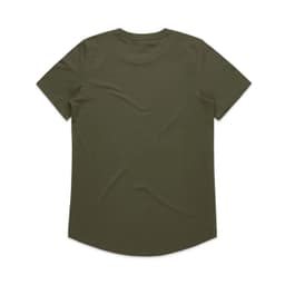 A khaki green t-shirt with short sleeves and a curved hem, featuring a logo on the back.
