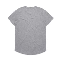 A grey short-sleeve T-shirt with a rounded hem and a logo on the back.