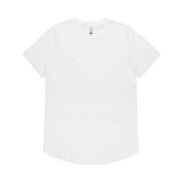 A white T-shirt with a curved hem and a label tag, featuring a logo.