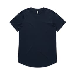 A navy blue t-shirt with a rounded neckline and a logo on the label.