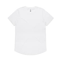A plain white T-shirt with a rounded hem and a tag at the neckline, featuring a logo on the tag.