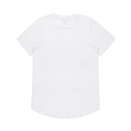 A white T-shirt featuring short sleeves and a rounded hem, with a logo on the back.