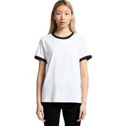A white t-shirt with black ringer accents and a logo on the chest. The model stands against a plain background.