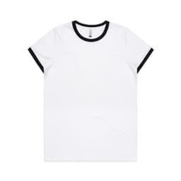 A white T-shirt with black trim around the neckline and sleeves, featuring a logo.