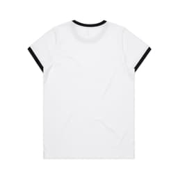A white T-shirt with black ringer details around the collar and sleeves, featuring a logo.