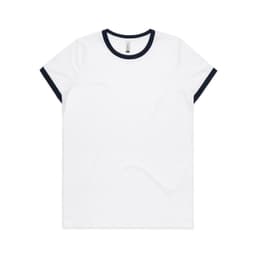 A white T-shirt with navy blue ringer trim and a logo on the label.