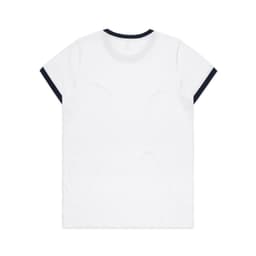 A white T-shirt with a navy blue collar and sleeve trim, featuring a logo.