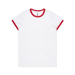 A white T-shirt featuring a red ringer collar and sleeves, with a logo on the tag inside.