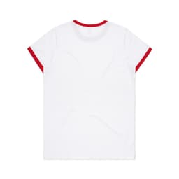 A white t-shirt with red trim around the neckline and sleeves. Features a logo on the back.