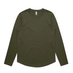 A long-sleeve T-shirt in olive green, featuring a simple design and a subtle logo.