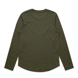 A green long-sleeve T-shirt with a rounded hem and a plain back design. It features a branding logo.