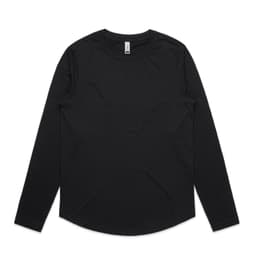 A black long-sleeve t-shirt with a round neckline and a logo on the label.
