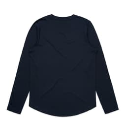 A long-sleeve tee in black with a rounded hem and a simple back design. Feature includes a logo.