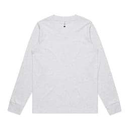 A light grey long-sleeve t-shirt featuring a simple design and a brand logo on the inside tag.
