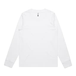 A long-sleeve white T-shirt featuring a logo. The shirt has a classic crew neck design.