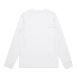 A long-sleeve tee in white with a simple, minimalist design and a small logo.
