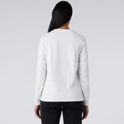 A long-sleeve white t-shirt viewed from the back, featuring a branding logo on the neck.