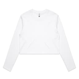 A white long-sleeve crop t-shirt with a simple design, featuring a logo.
