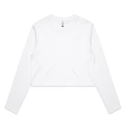 A white long-sleeve cropped tee with a minimalist design and a logo present.