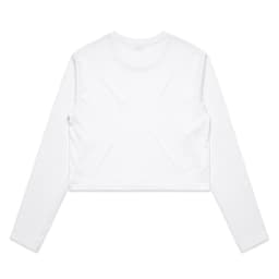 A white long-sleeve cropped tee with a simple design and back view. It features a branding logo.