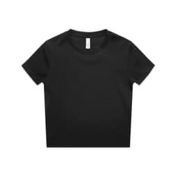 A black short-sleeved t-shirt with a round neckline and a tag visible at the collar. It features a simple design.