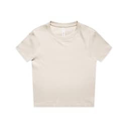 A short-sleeved, light beige t-shirt with a round neckline and a logo on the label.
