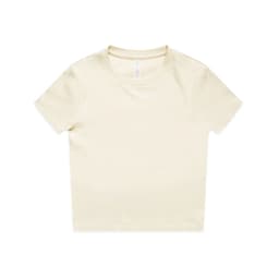 A light cream-coloured t-shirt featuring a round neckline and short sleeves. The shirt has a branding logo.