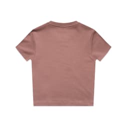 A short-sleeved, dusty pink t-shirt with a simple design and a logo on the back.