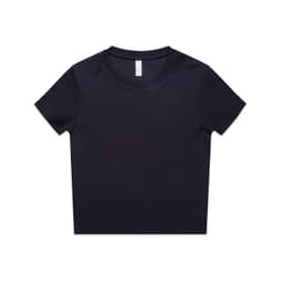 A dark navy short-sleeve T-shirt with a crew neck and a branded label.
