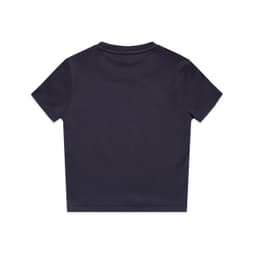 A dark navy T-shirt with a crew neck and short sleeves, featuring a logo on the back.