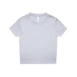 A light grey short-sleeve T-shirt with a crew neck and a tag, featuring a logo on the inside label.
