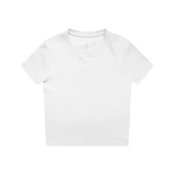 A white short-sleeved T-shirt featuring a crew neckline and a simple design. It has a logo on the label.