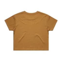 A cropped tee in a warm mustard colour, featuring a plain back design and a logo.