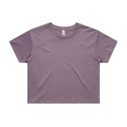 A cropped tee in a soft lavender colour, featuring a simple design and a logo.
