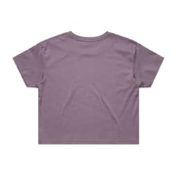 A cropped t-shirt in a muted lavender shade, featuring short sleeves and a simple design. It includes a logo on the label.