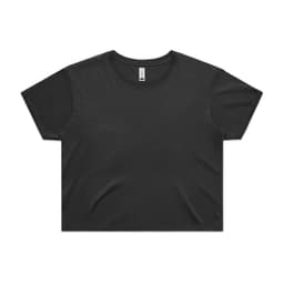 A black cropped tee with short sleeves and a relaxed fit, featuring a branding logo.