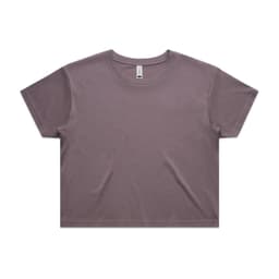 A cropped tee in a muted purple colour, featuring a relaxed fit and rounded neckline. It has a logo tag.
